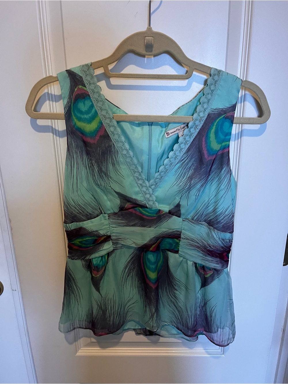 Nanette Lepore Teal Peacock Feather V-Neck Tank